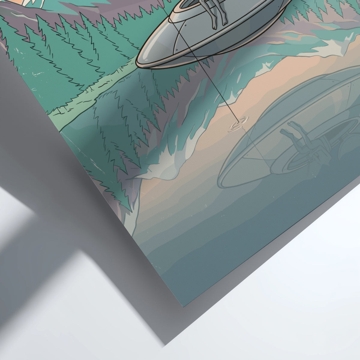 Poster showing a grey alien fishing from a flying saucer on mountain lake.