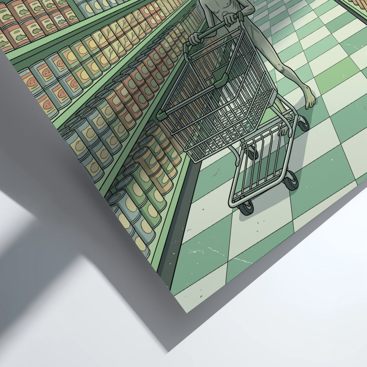 Poster featuring an alien pushing a shopping cart through a quiet grocery store.