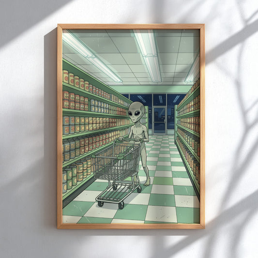 Poster featuring an alien pushing a shopping cart through a quiet grocery store.