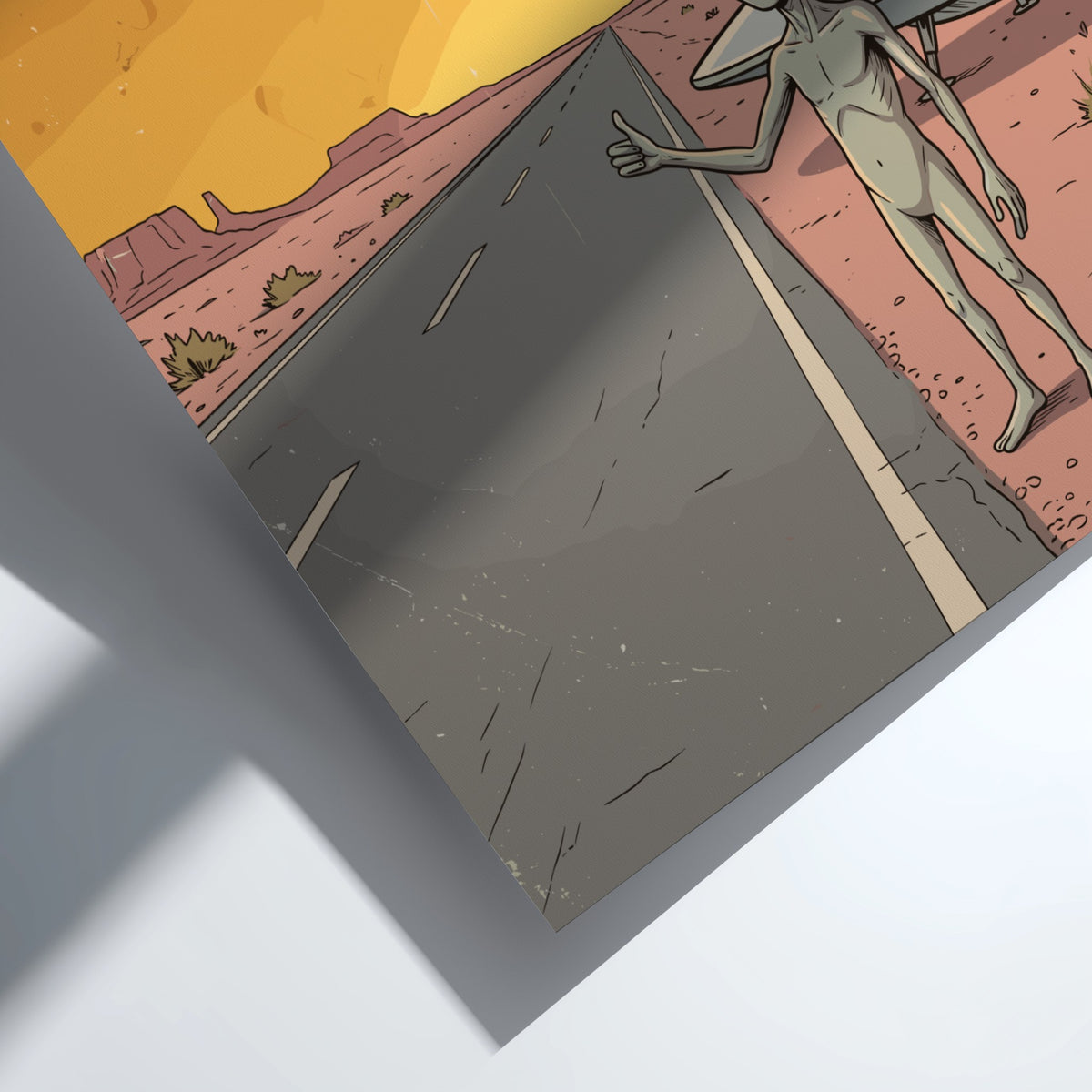 Poster featuring a grey alien hitchhiking on a desert road with a UFO