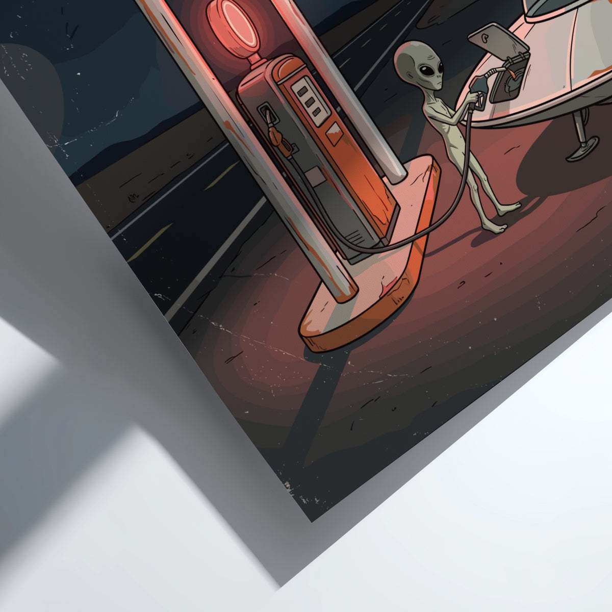 Poster featuring an alien filling a silver flying saucer at a rusty gas station