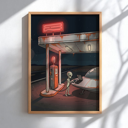 Poster featuring an alien filling a silver flying saucer at a rusty gas station