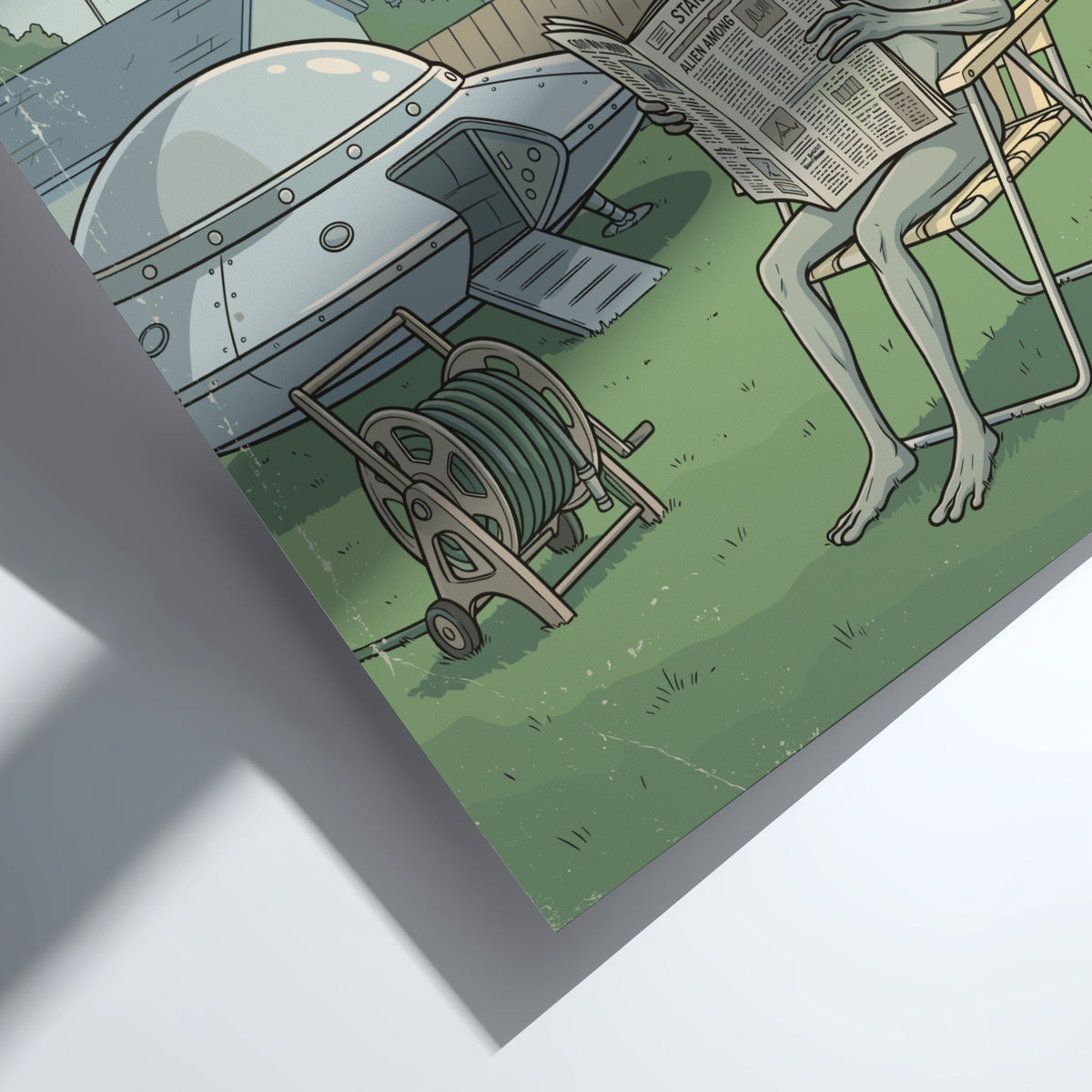 Poster of a grey alien reading a newspaper in a suburban backyard setting
