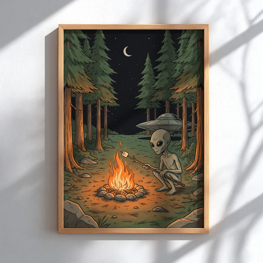 Poster of a grey alien roasting a marshmallow over a campfire in woods