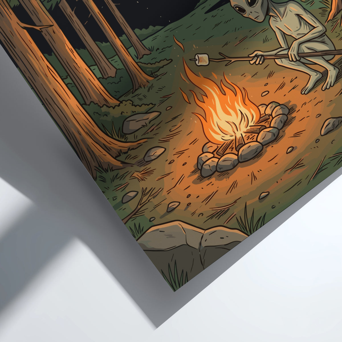 Poster of a grey alien roasting a marshmallow over a campfire in woods