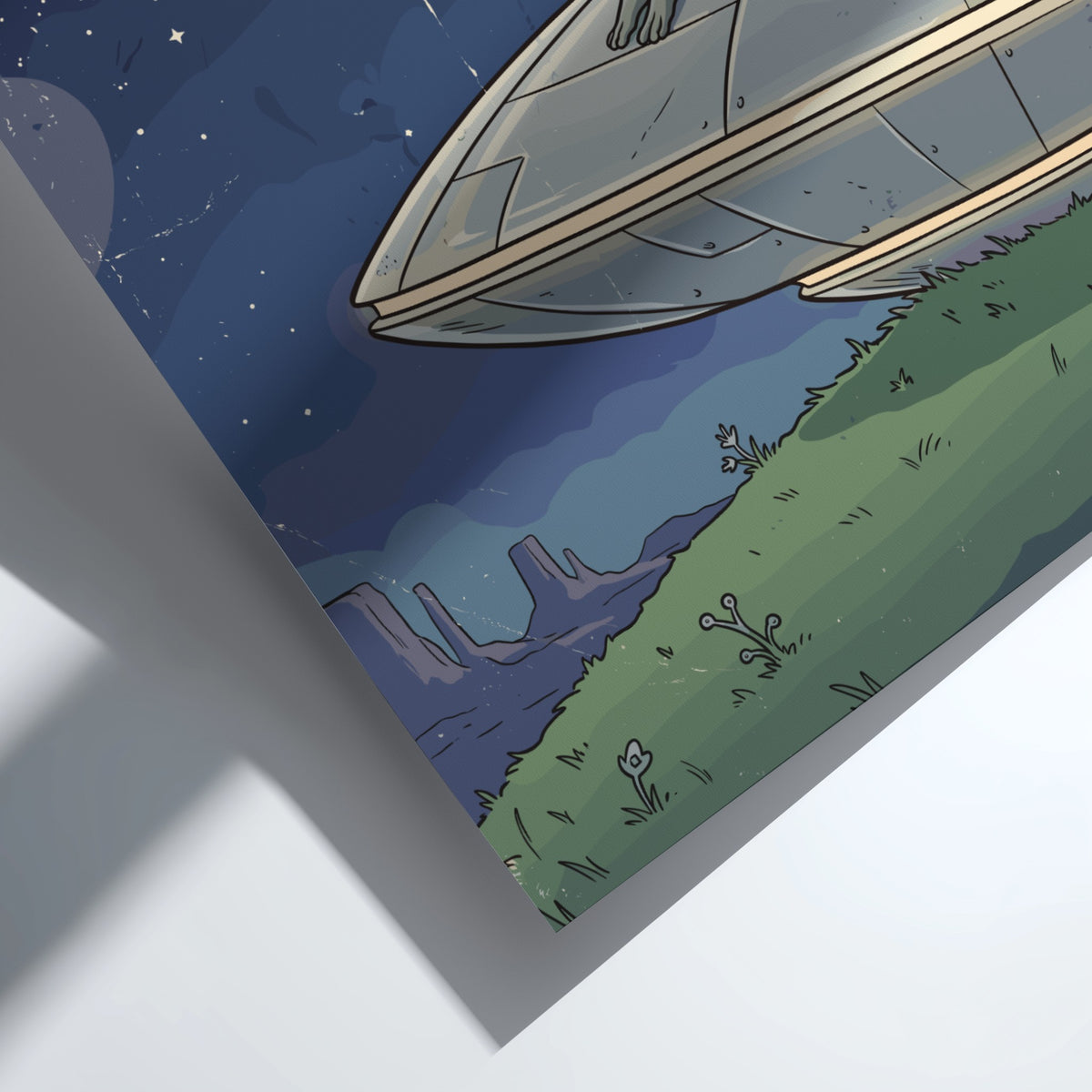 Poster featuring an alien sitting on a UFO while looking through a telescope