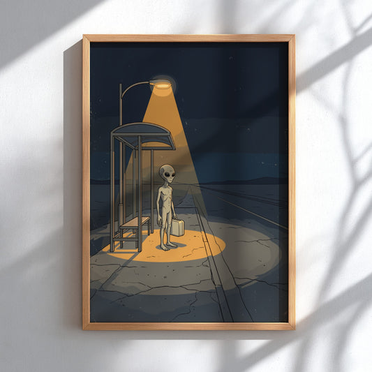 Poster of an alien standing at a lonely bus stop under a streetlight