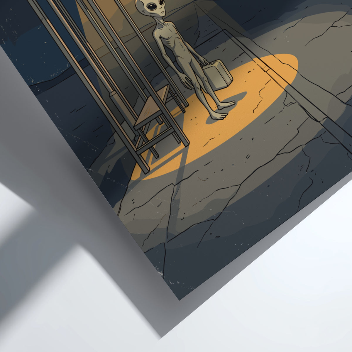 Poster of an alien standing at a lonely bus stop under a streetlight