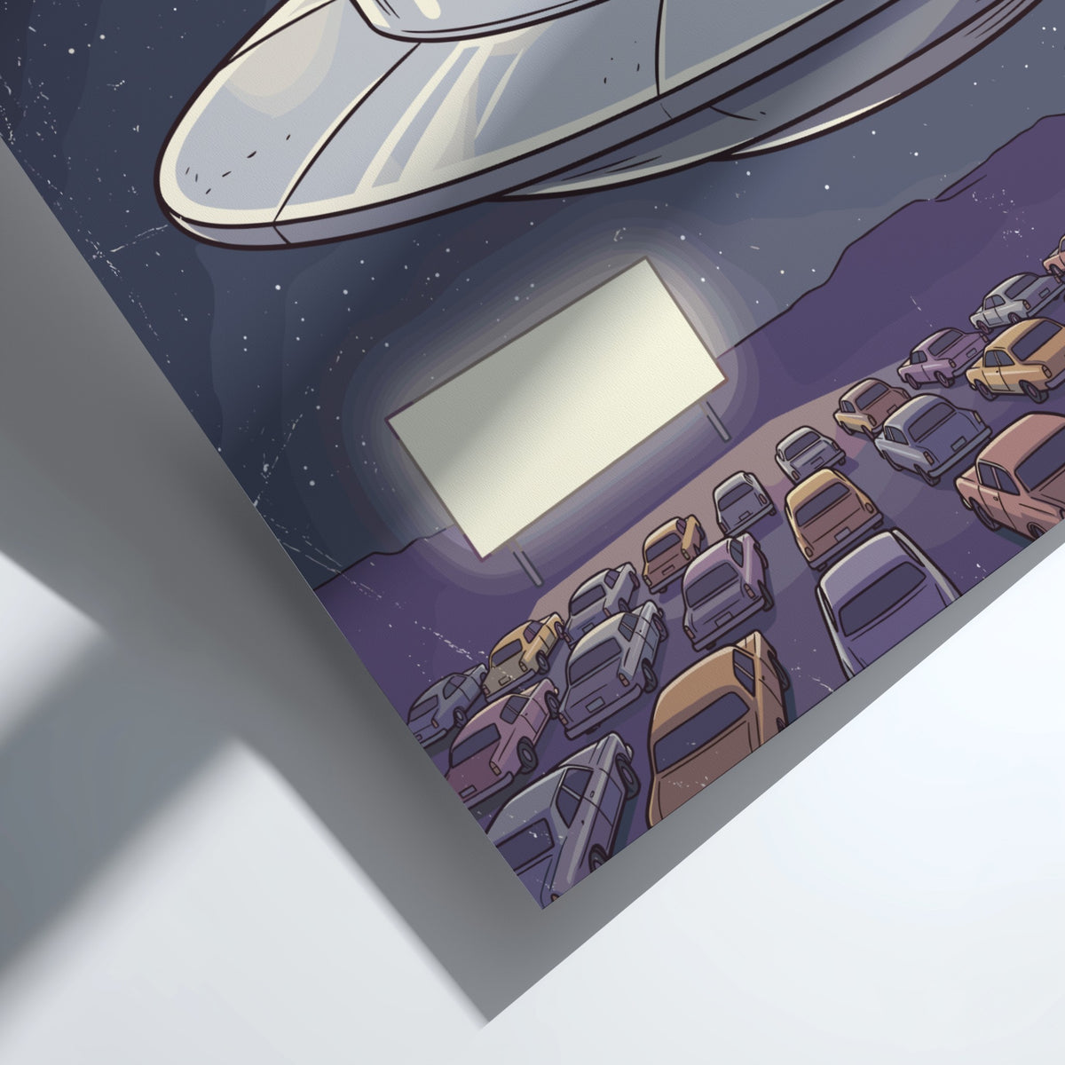 Poster featuring a grey alien in a silver UFO watching a drive-in movie