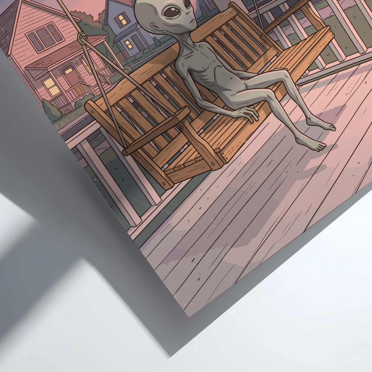 Poster featuring a grey alien sitting quietly on a wooden porch swing at twilight.