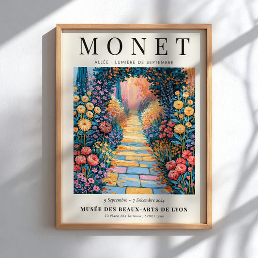 Monet inspired poster featuring a colorful flower pathway in an impressionistic style