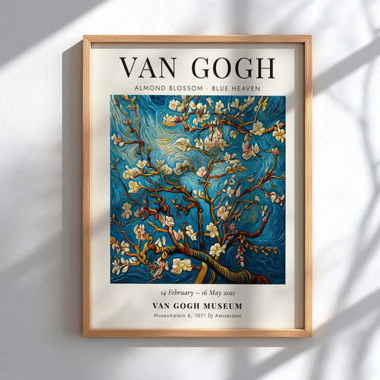 Almond Blossom poster featuring white flowers and blue sky, inspired by Van Gogh's style
