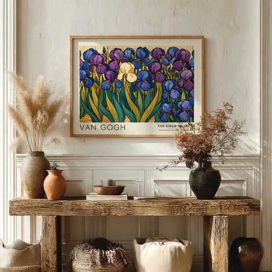 Iris flowers wall art print featuring vibrant blues and purples in Van Gogh style