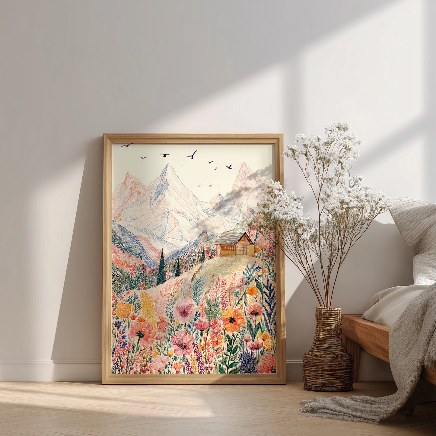 Alpine Meadow poster featuring a hand-drawn mountain landscape with colorful wildflowers and a cabin.