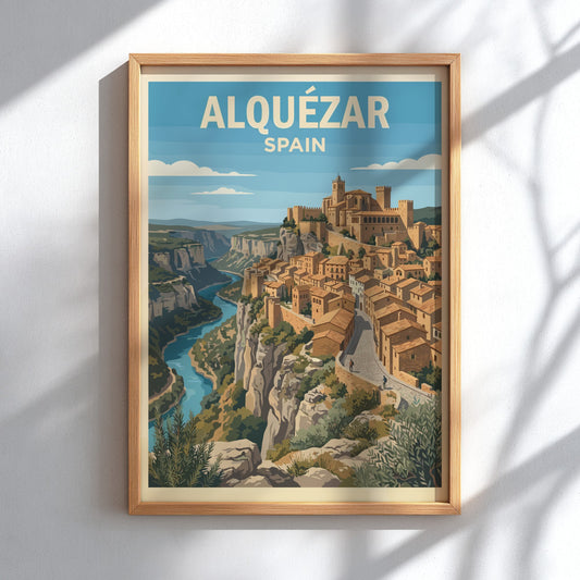 Poster of Alquézar Spain featuring historic stone buildings on a cliff above water.