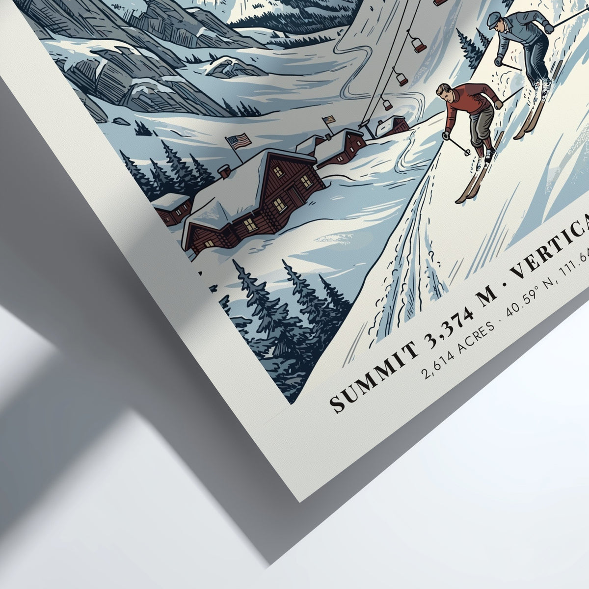 Vintage travel poster of Alta Utah showing skiers on a mountain with cabins