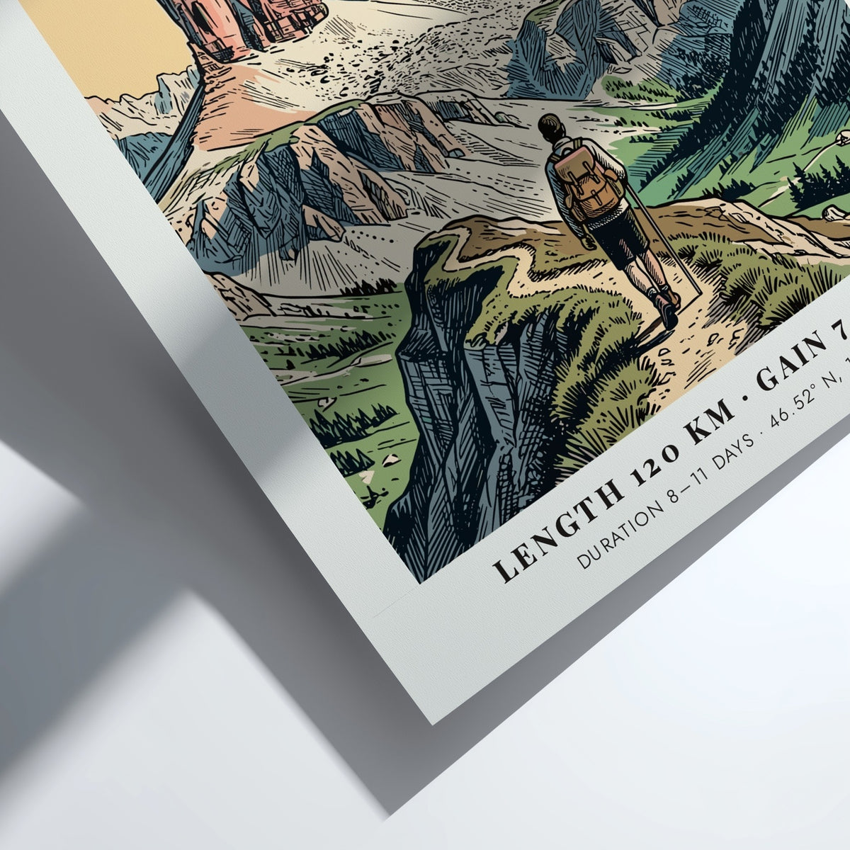 Poster of the Alta Via 1 Dolomites trail featuring a hiker in mountains.