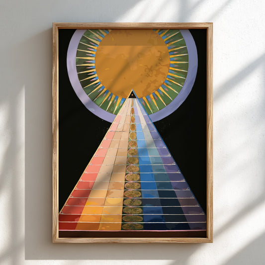 Poster of Hilma af Klint's Altarpiece No. 1, featuring a colorful pyramid and sun.