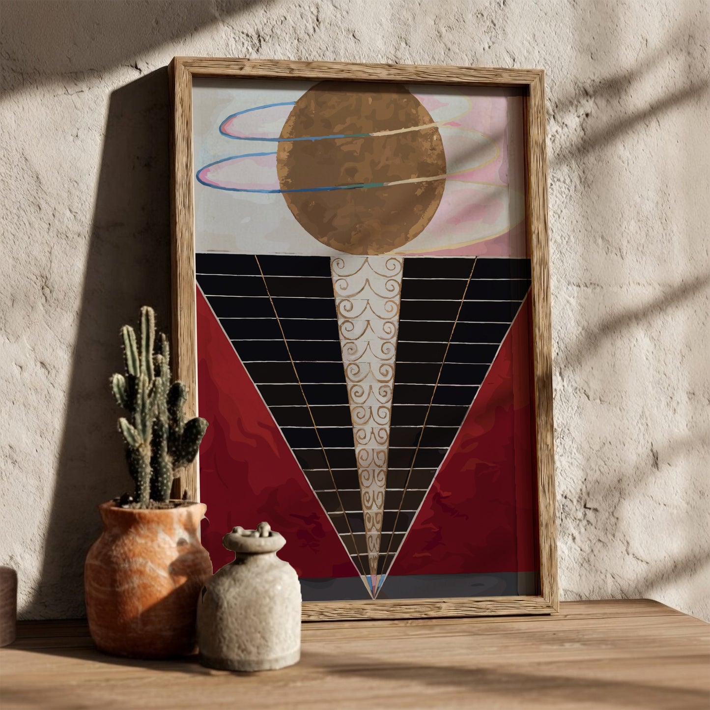 Poster of Hilma af Klint's "Altarpiece" featuring a golden orb, abstract shapes, and spiritual motifs.
