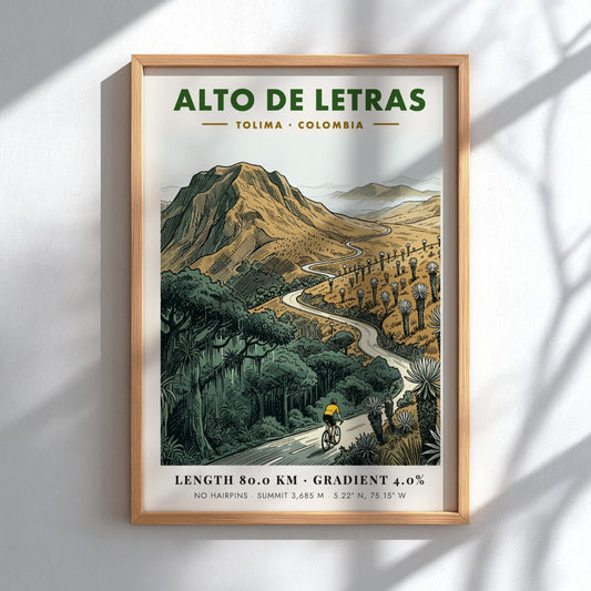 Poster of a cyclist climbing the winding Alto De Letras road in Tolima Colombia.
