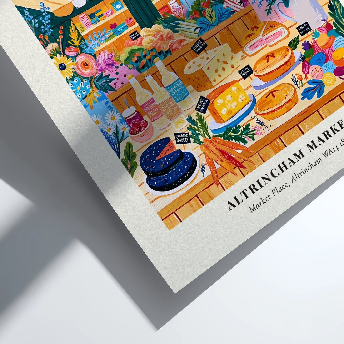 Farmers market poster featuring Altrincham Market with colorful stalls and flowers in a vibrant illustration