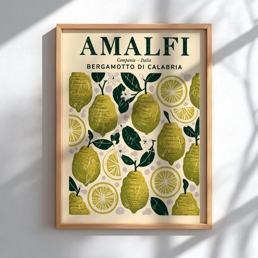 Bergamot kitchen poster featuring green lemons and yellow slices, vintage style, perfect for kitchen decor.
