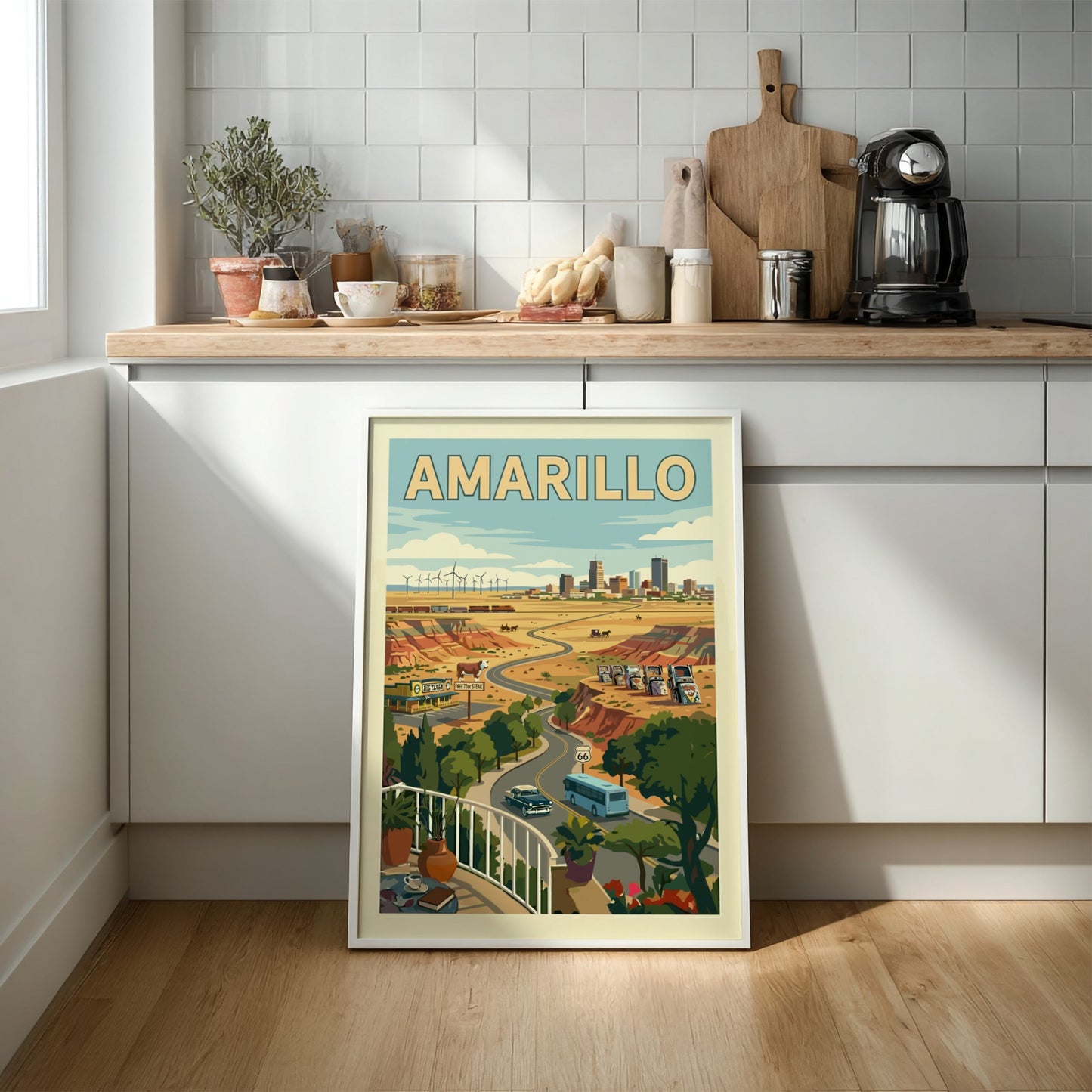 Amarillo poster featuring a retro road trip scene with vintage cars, Route 66, and windmills.