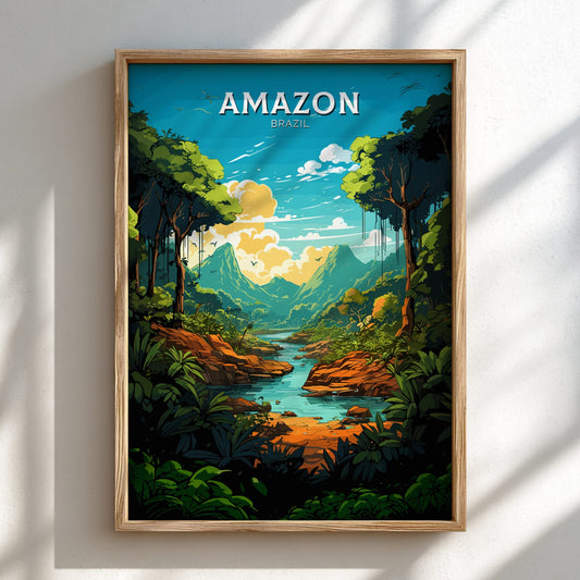 Amazon Brazil Travel Poster on a light wooden frame