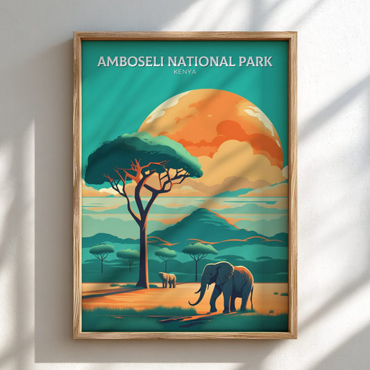 Framed poster of Amboseli National Park with an elephant and tree on a scenic background.