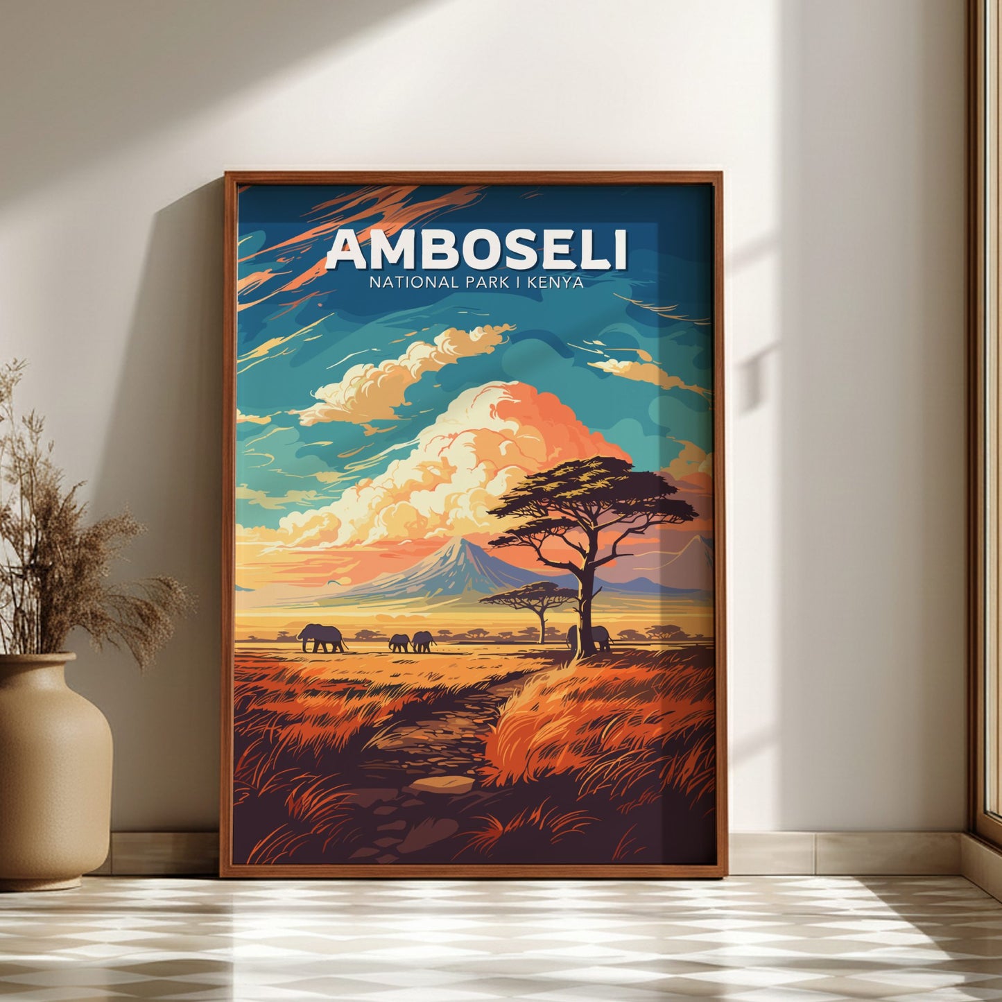 Framed poster of Amboseli National Park, Kenya, with a scenic landscape and mountains.