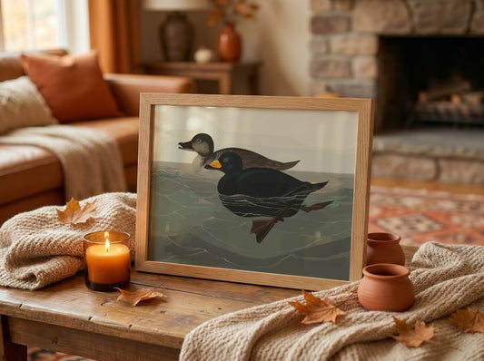American Scoter Duck poster featuring vintage bird art in earthy tones, perfect for wall decor.