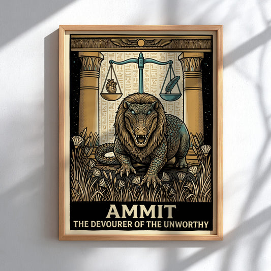 Poster featuring Ammit the Devourer of the Unworthy with scales of justice illustration