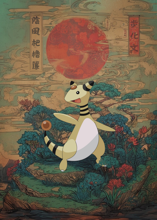 Ampharos Pokemon character in a traditional Japanese setting with a large red moon in the sky.
