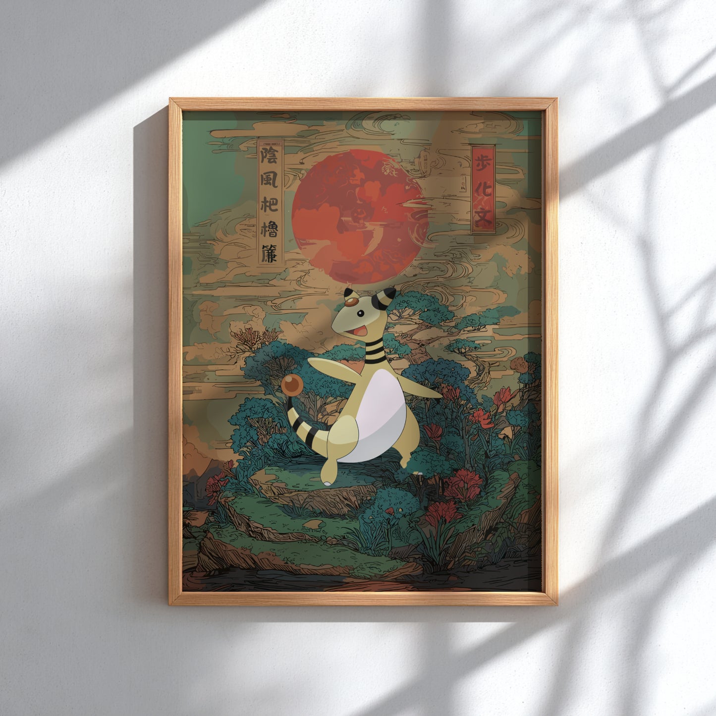 Framed artwork with a stylized Ampharos Pokemon character and red sun on a green background