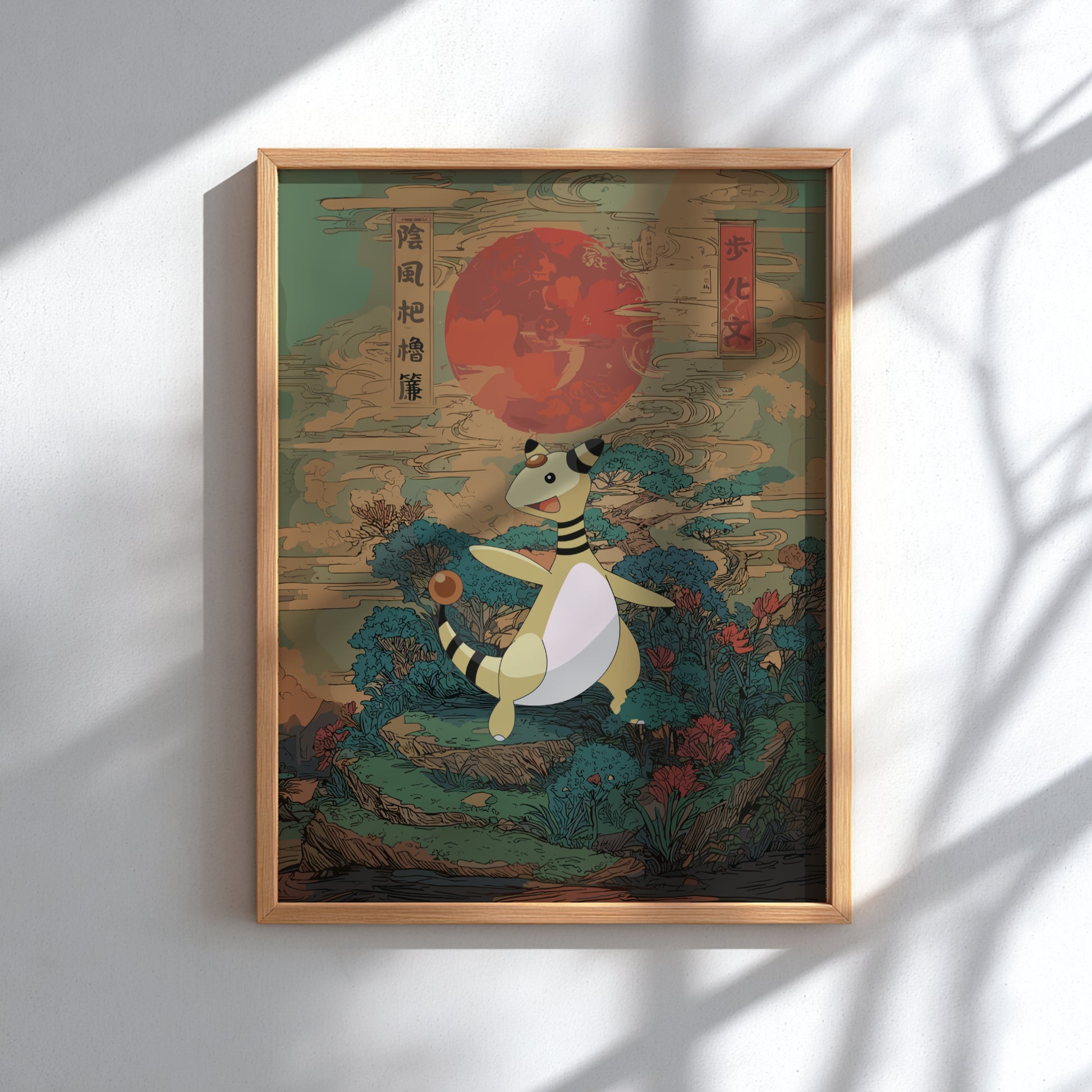 Framed artwork with a stylized Ampharos Pokemon character and red sun on a green background
