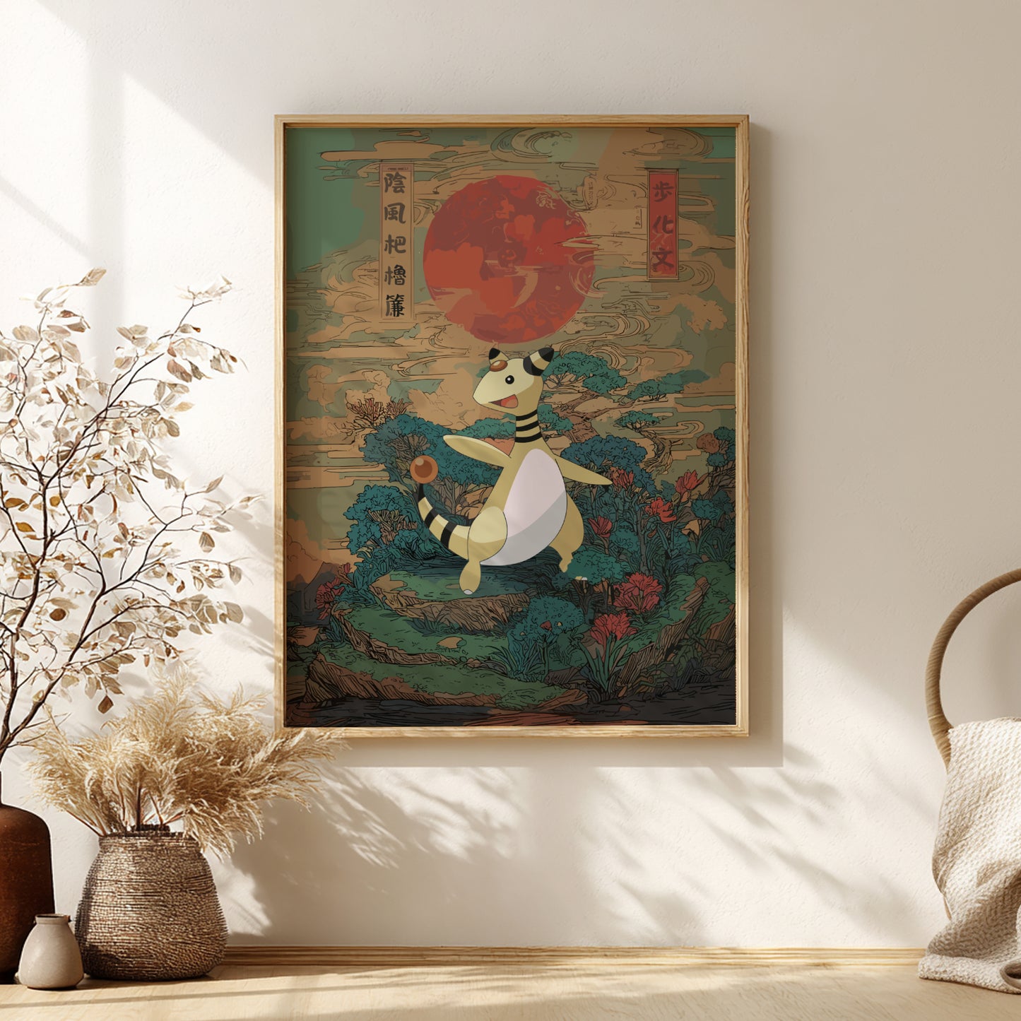 Framed artwork of a stylized Ampharos Pokemon on a scenic background, displayed on a wall with decorative elements.