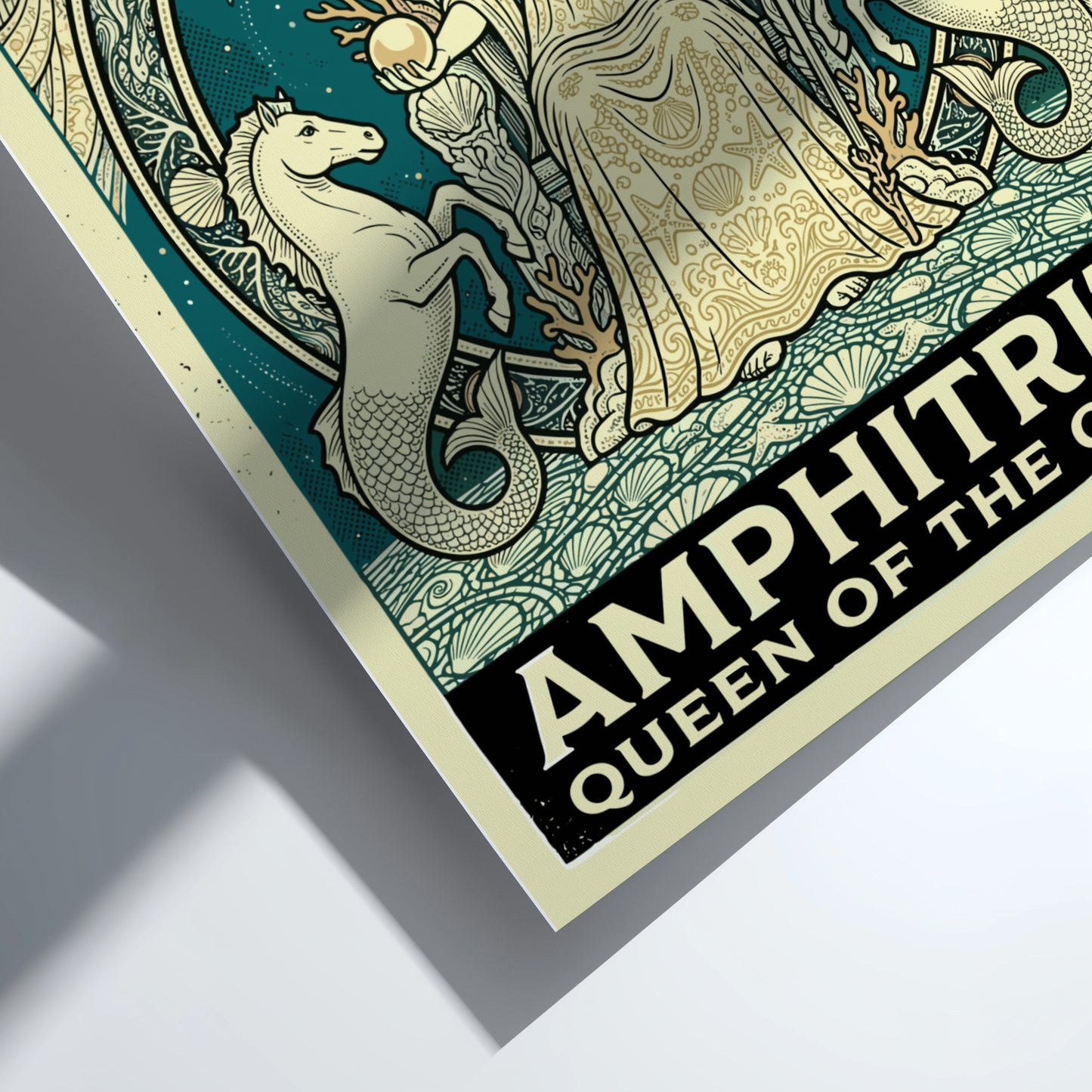 Amphitrite Queen of the Ocean Greek mythology poster with teal and gold palette.