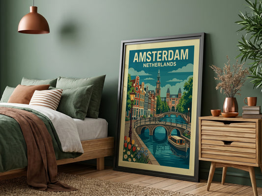 Amsterdam canal travel poster with illustrative style, featuring canal houses, bridge, and boat.