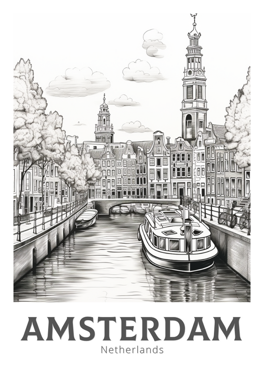 Affiche de voyage noir et blanc d'Amsterdam - Illustration des Pays-Bas