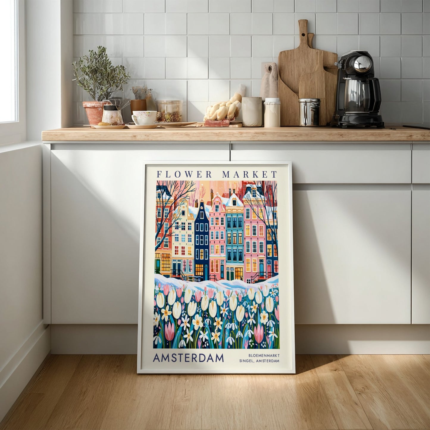 vibrant travel art poster featuring Amsterdam's flower market and colorful city buildings