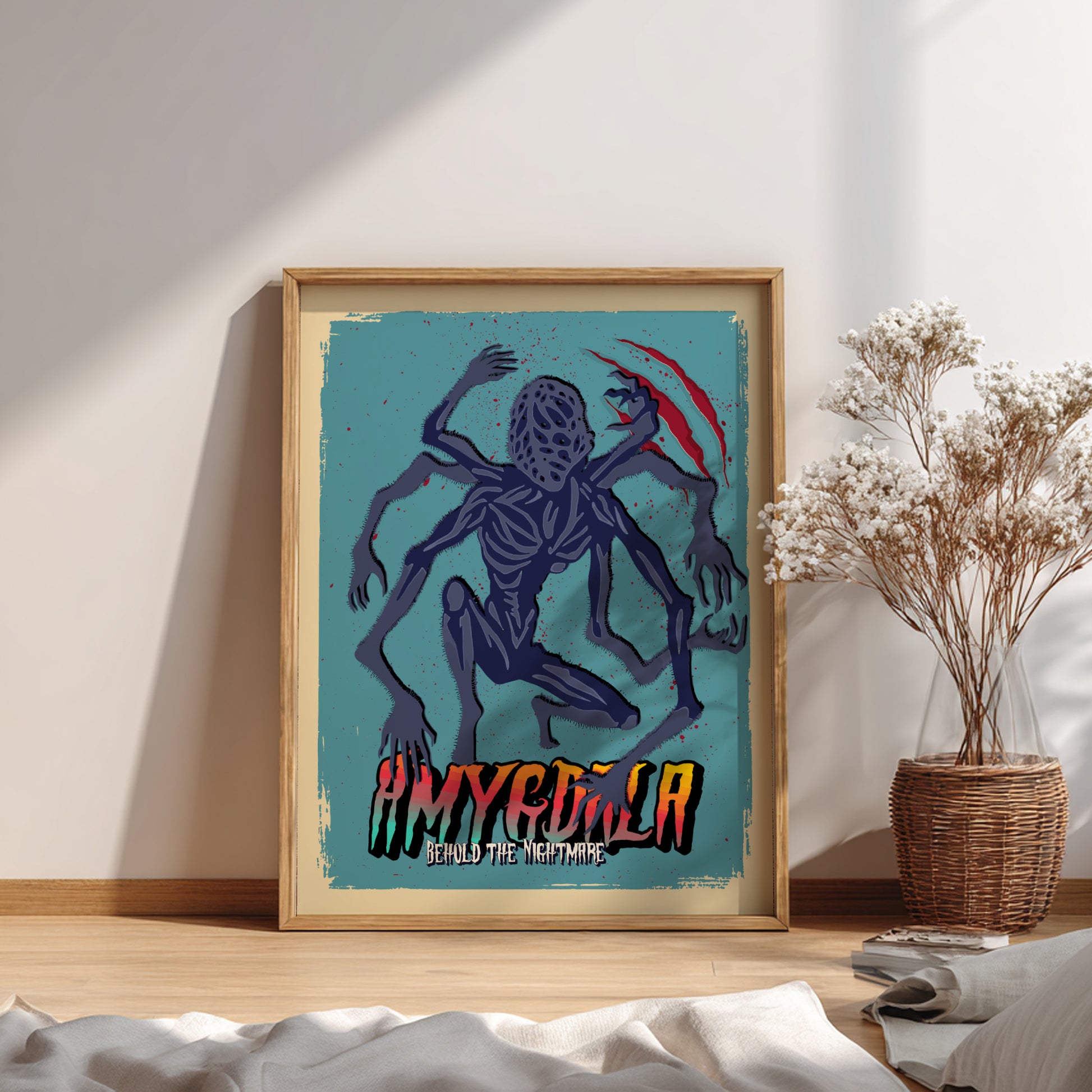 Amygdala from Bloodborne Game on a blue background, placed on a wooden surface.