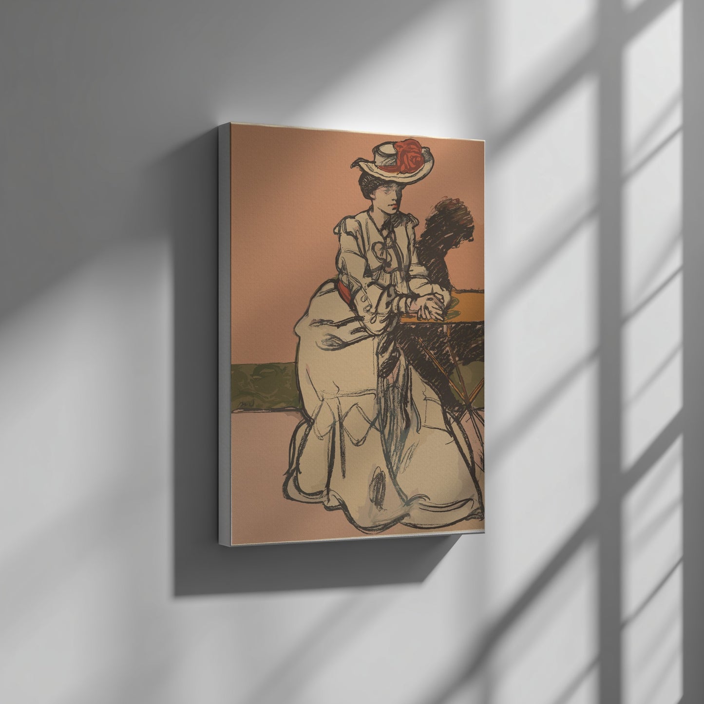 Poster of "An Elegant Parisienne Seated in a Cafe" by Maxime Dethomas, vintage sketch style, warm tones.