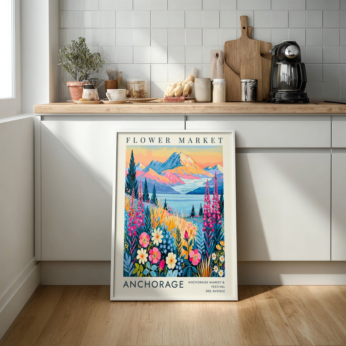 Flower market poster featuring vibrant wildflowers and mountains in Anchorage style