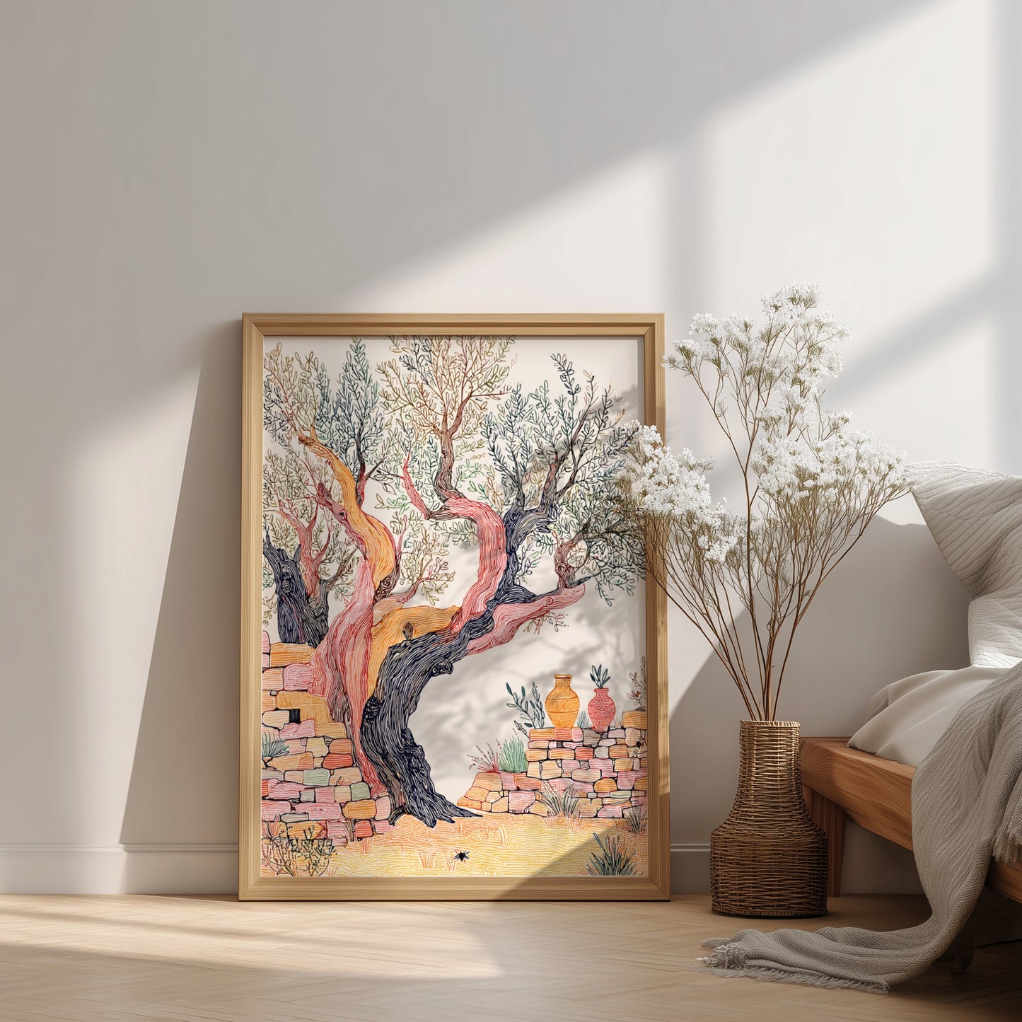 Illustration poster of an ancient olive tree with a textured trunk and stone wall, Mediterranean style.