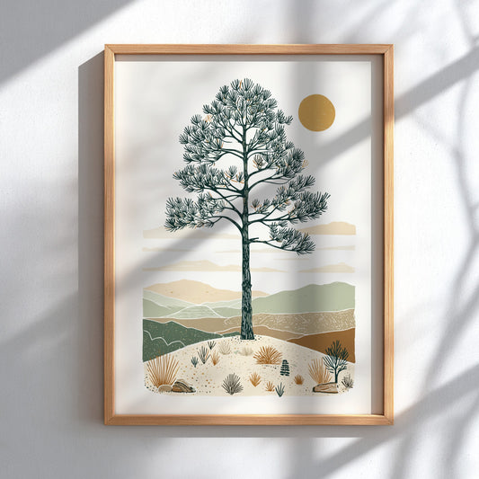 Illustration of an ancient pine tree in a desert landscape with rolling hills and a warm sun, in a minimalist