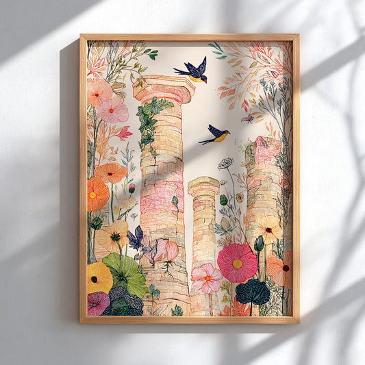 Botanical poster of ancient Roman ruins with birds, featuring a soft color palette and illustrative style.