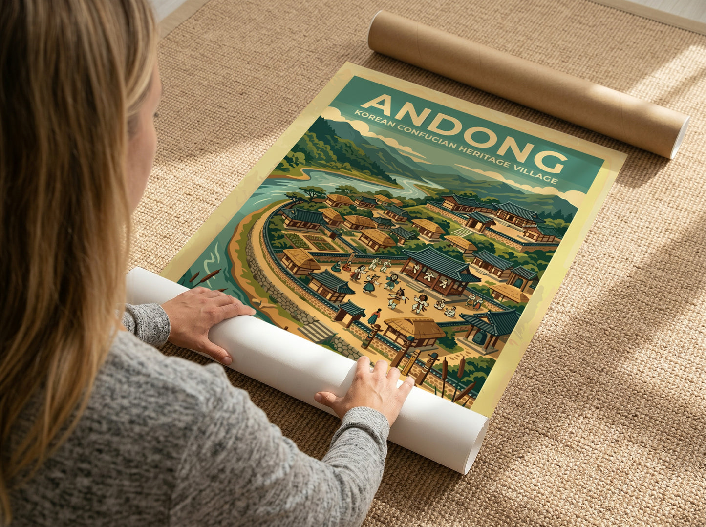 Travel poster of Andong Korean Heritage Village featuring traditional architecture mountains and river.
