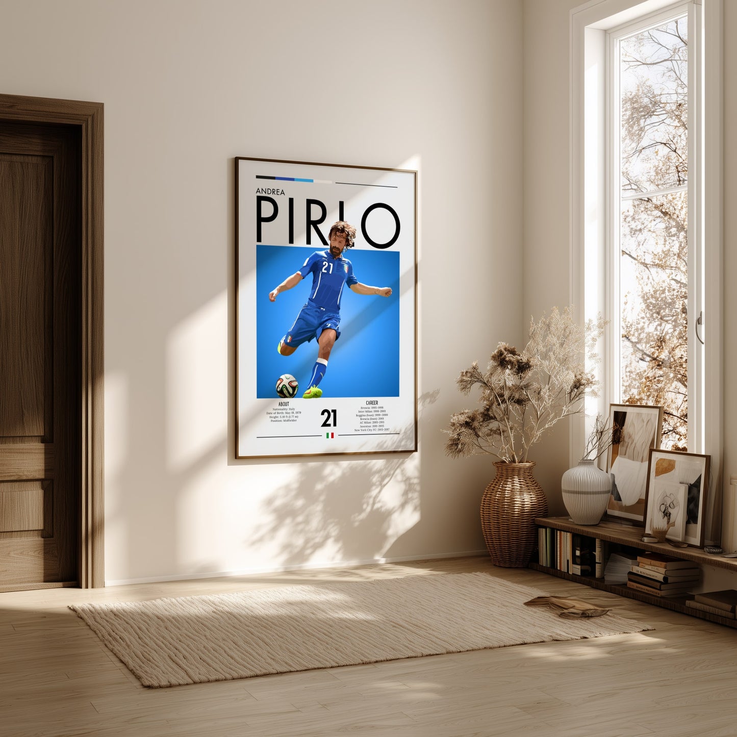 Framed poster of a soccer player on a wall in a bright room with natural light.