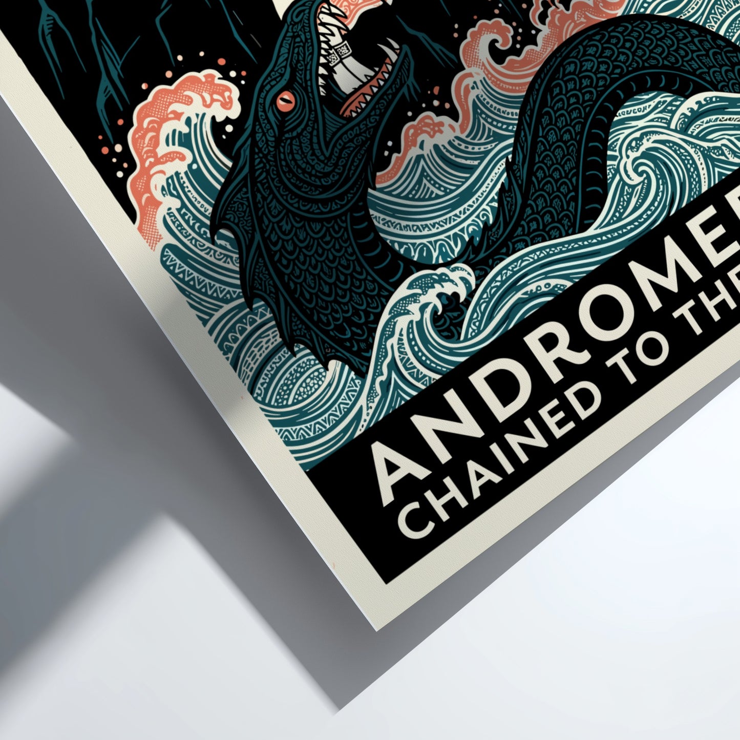 Andromeda Greek mythology poster featuring Andromeda chained, a sea monster, and Perseus in a vintage art