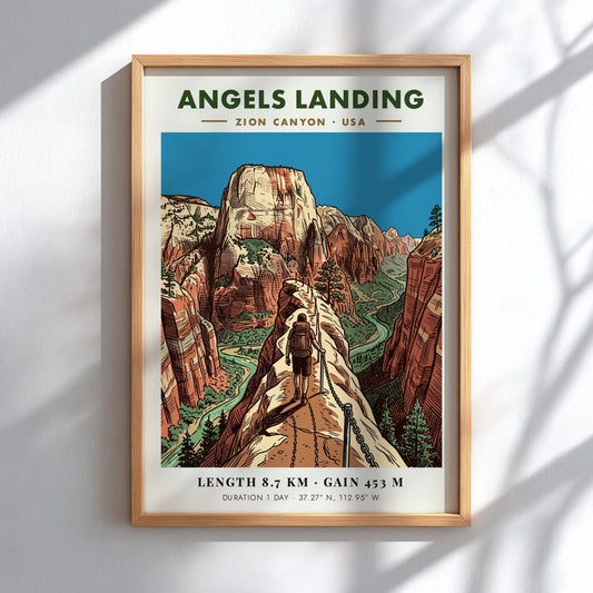 Poster of Angels Landing in Zion Canyon featuring hikers on a cliff trail
